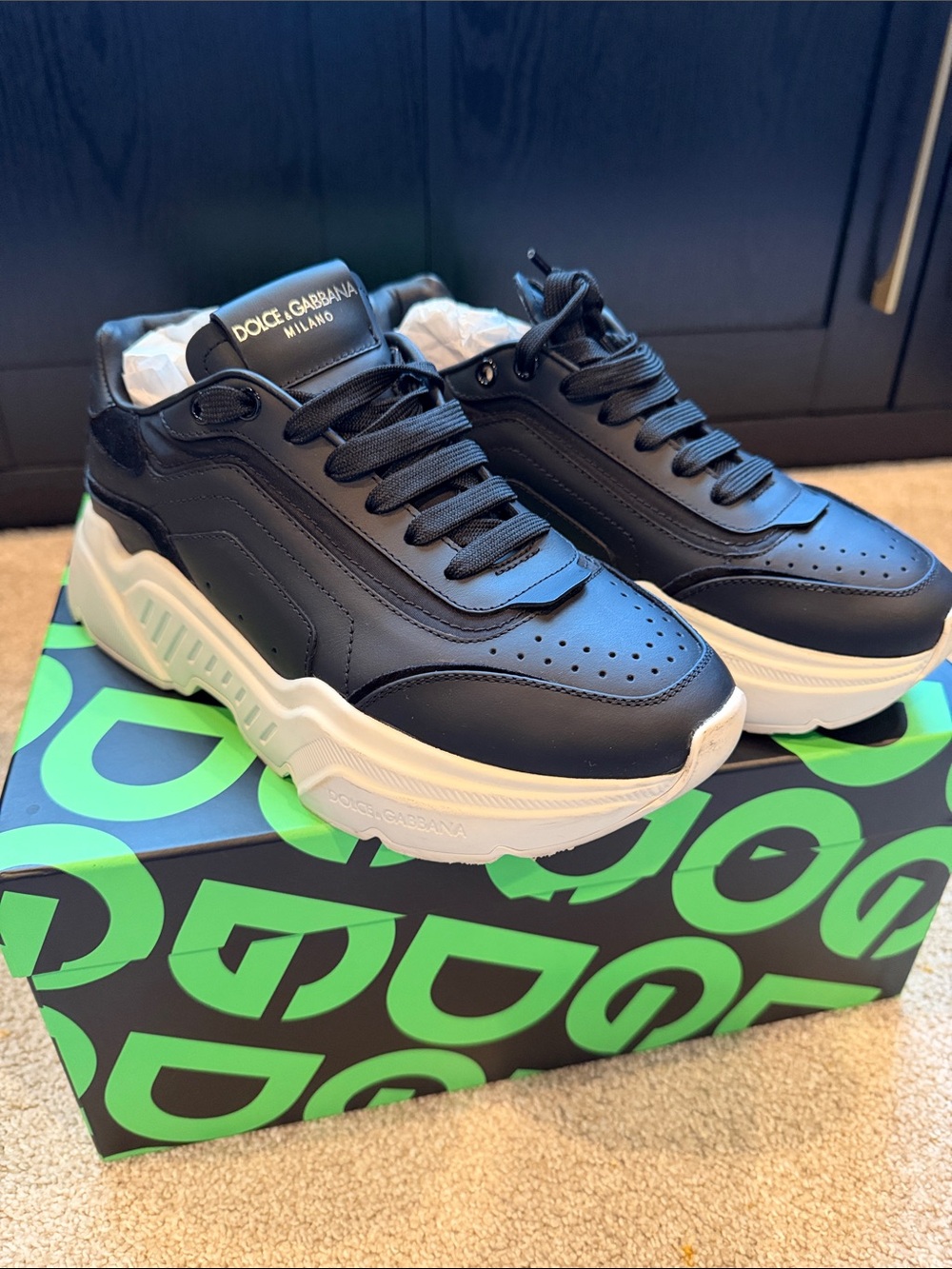 Dolce & Gabbana Black Leather Womens Chunky Sneakers with White Sole